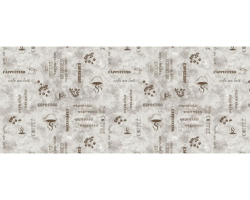 Dekoratives Muster mit Kaffeemotiven wie Tassen und Kaffeebohnen sowie Kaffeevarianten.