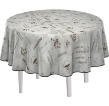 Runder Tisch mit gemusterter Tischdecke mit Kaffeemotiven