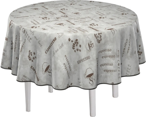 Runder Tisch mit gemusterter Tischdecke mit Kaffeemotiven