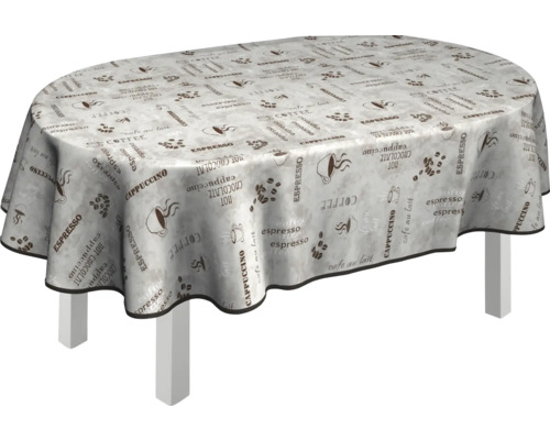 Ovaler Tisch mit Tischdecke mit Kaffeemotiven