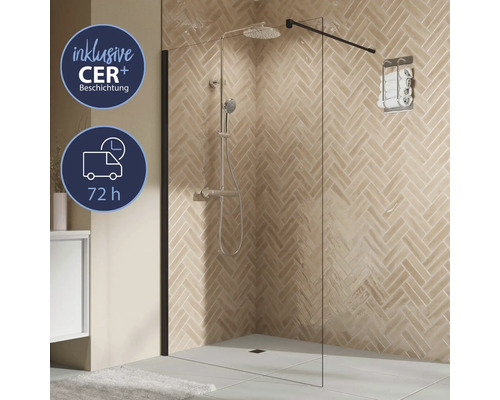 Walk In BREUER Elana 2.0 Express Q72 Profil eckig 120 x 200 cm Profil schwarz matt Klarglas schmutzabweisende Glasbeschichtung Reversibel Duschabtrennung aus Glas mit Duscharmatur und Handtuchhalter im Badezimmer