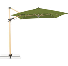 Freiarmschirm mit Holzgestell und grünem Schirmdach