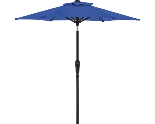 Blauer Sonnenschirm mit schwarzem Gestell