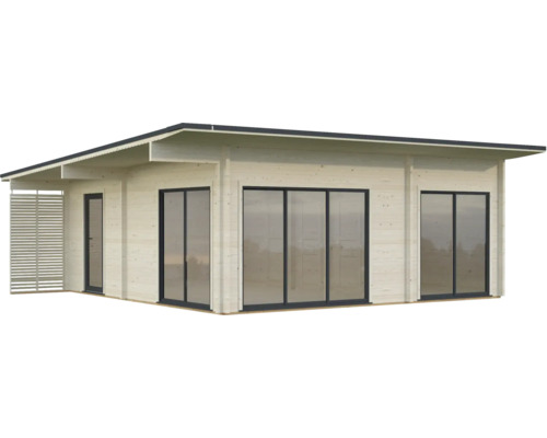 Modernes Gartenhaus aus Holz mit großen Fensterflächen