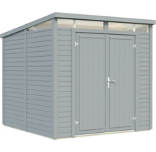 Grauer Holzgarten Schuppen mit Doppeltür und Fenster