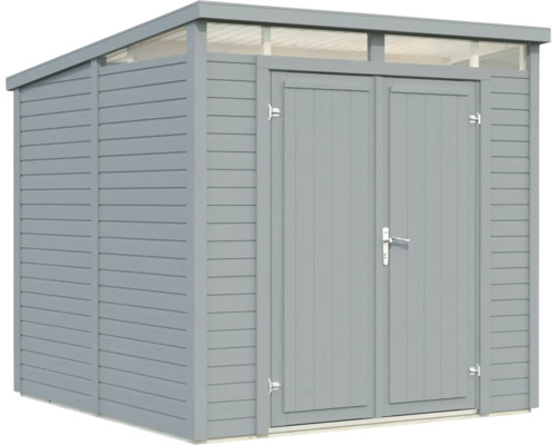 Grauer Holzgarten Schuppen mit Doppeltür und Fenster