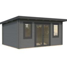 Graues Gartenhaus mit Fenstern und Doppeltür