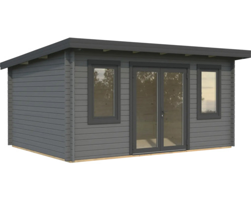 Graues Gartenhaus mit Fenstern und Doppeltür