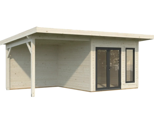 Holzgartenhaus mit überdachtem Vorbau und Fenster