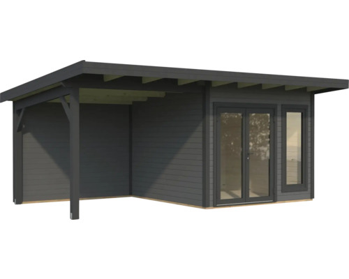 Holzgartenhaus mit Doppeltür und überdachter Terrasse