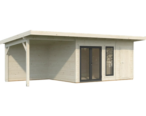 Holzgartenhaus mit überdachtem Bereich, Doppeltür und Einzeltür