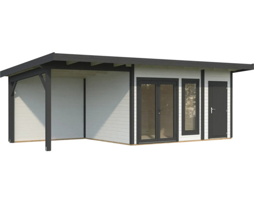 Holzgartenhaus mit überdachter Veranda, Doppeltür und Einzeltür