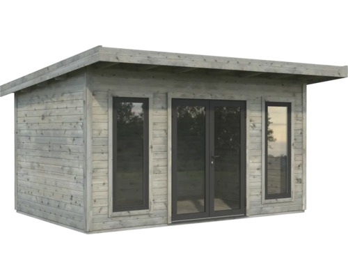 Gartenhaus aus Holz mit Fenstern und Doppeltür