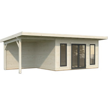 Holzgartenhaus mit Flachdach, Fenstern und überdachtem Bereich