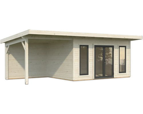 Holzgartenhaus mit Flachdach, Fenstern und überdachtem Bereich
