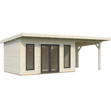 Holzgartenhaus mit Fenstern und Doppeltür sowie seitlichem Anbau