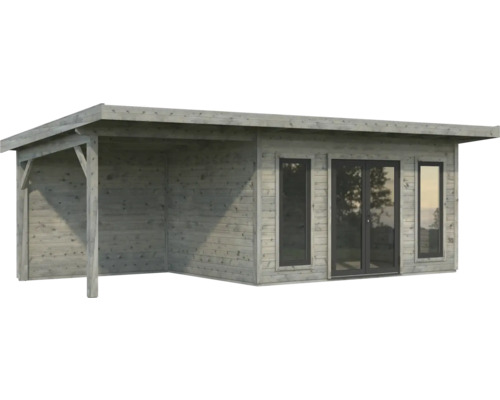 Holzgartenhaus mit überdachter Veranda und Fenstern