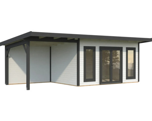 Holzgartenhaus mit Terrasse und Fenstern