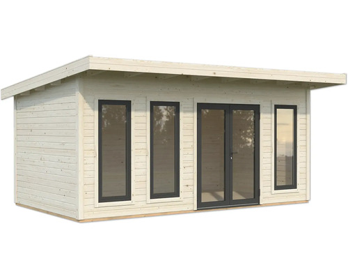 Gartenhaus aus Holz mit Fenstern und Doppeltür