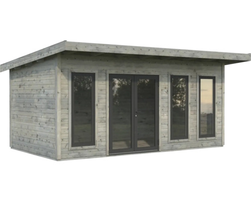 Gartenhaus aus Holz mit Fenstern und Doppeltür