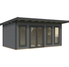 Graues Gartenhaus mit Fenstern und Doppeltür