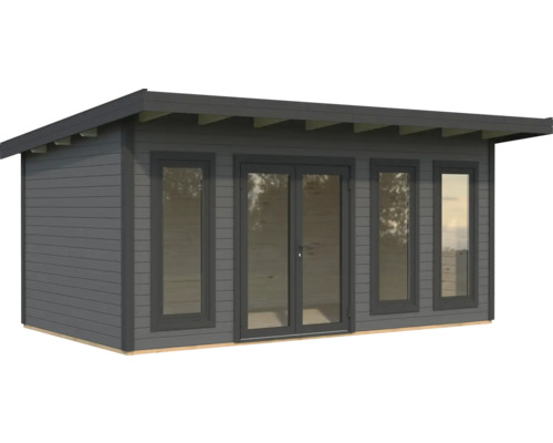Graues Gartenhaus mit Fenstern und Doppeltür