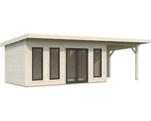 Holzgartenhaus mit Fenstern und überdachter Terrasse