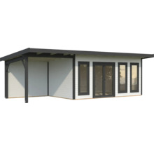Modernes Gartenhaus mit überdachter Terrasse und Fenstern