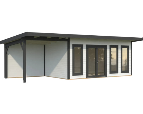 Modernes Gartenhaus mit überdachter Terrasse und Fenstern