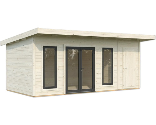 Gartenhaus aus Holz mit Fenstern und Doppeltür