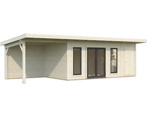 Holzgartenhaus mit Überdachung und Fenstern