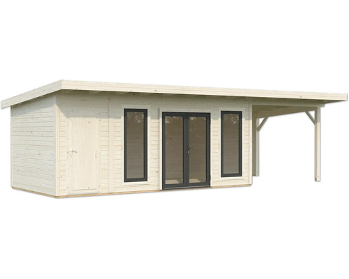 Holzgartenhaus mit Tür, Fenstern und Vordach