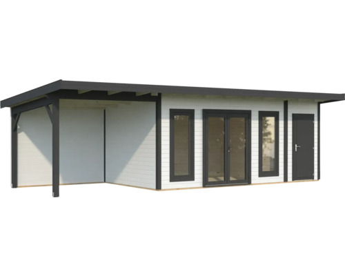 Modernes Gartenhaus mit überdachtem Bereich, Fenstern und Tür