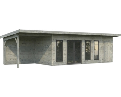 Holzgartenhaus mit Vordach, Fenstern und Türen