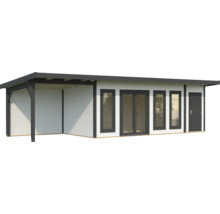 Modernes Gartenhaus mit Überdachung, Fenstern und Tür.