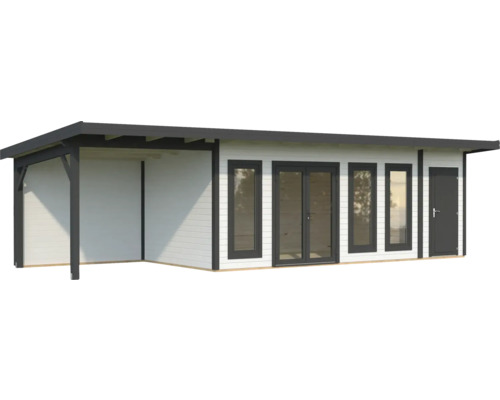 Modernes Gartenhaus mit Überdachung, Fenstern und Tür.