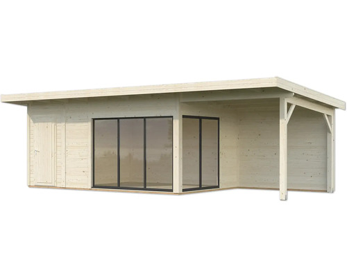 Holzgartenhaus mit Schiebetür und überdachter Terrasse