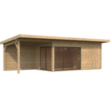 Gartenhaus mit überdachter Veranda, Schiebetür und Seitentür