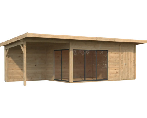 Gartenhaus mit überdachter Veranda, Schiebetür und Seitentür