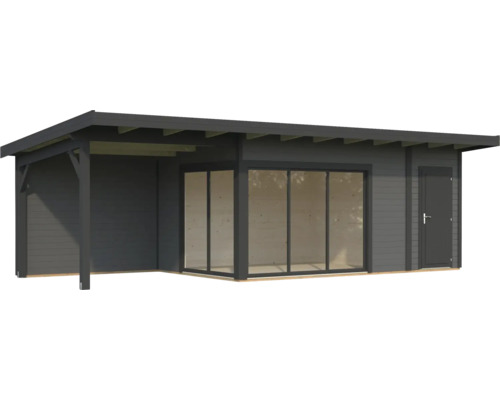 Holzgartenhaus mit Schiebetür und Anbau