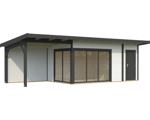 Holzgartenhaus mit Glasfront und Tür