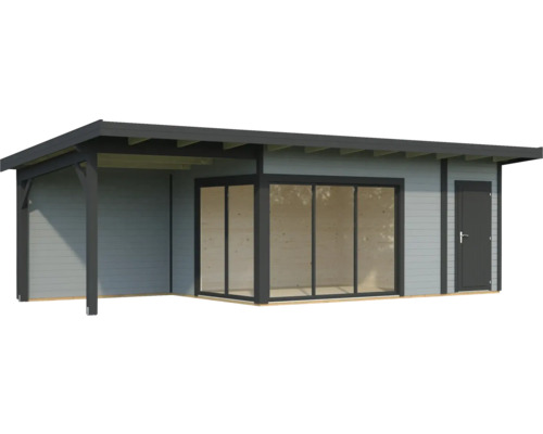 Gartenhaus mit Schiebetüren und Anbau
