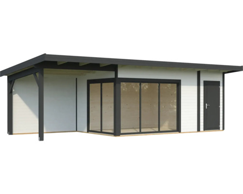 Gartenhaus mit Carport, Veranda und Schiebetüren