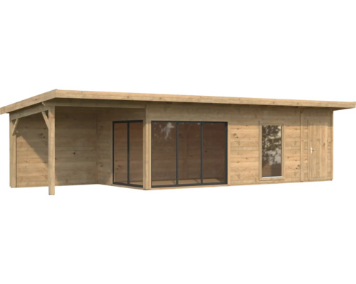 Holzgartenhaus mit überdachter Terrasse, Fenstern und Tür