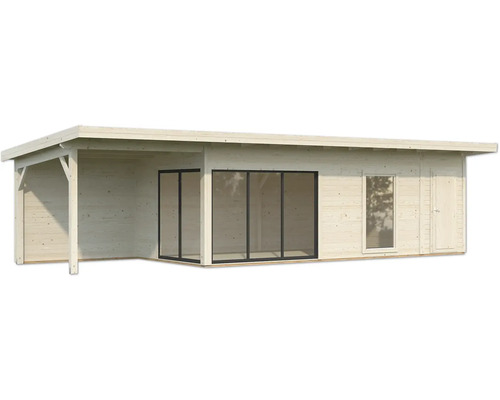 Holzgartenhaus mit überdachter Veranda, Schiebetüren und Fenstern