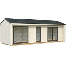 Modernes Gartenhaus mit Flachdach, Fenstern und Tür.