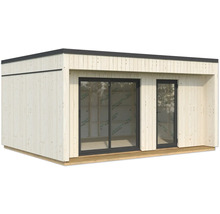 Modernes Gartenhaus mit Schiebetür und Eingangstür aus Holz