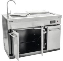 Spültisch aus Edelstahl mit Wasserhahn und Stauraum