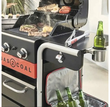 Gas- und Holzkohlegrill mit Grillgut, Getränkehalter, Flaschenöffner und Kühlbox