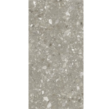 Detailaufnahme einer grauen Fliese mit Terrazzo Optik.